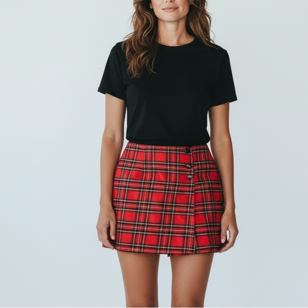 A Byer California Red Tartan Wrap Mini Skirt School Girl Grunge Punk Plaid Y2K 9
